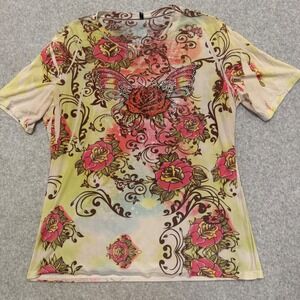 Y2K Tattoo Print Rhinestone Butterfly Rose Graphic Top XL Multicolor Abstract